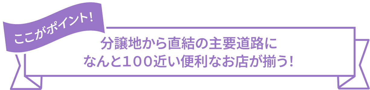 ここがポイント！ 分譲地から直結の主要道路になんと100近い便利なお店が揃う！