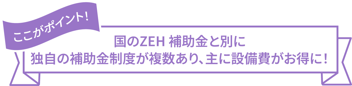 ここがポイント！ 国のZEH補助金と別に独自の補助金制度が複数あり、主の設備費がお得に！